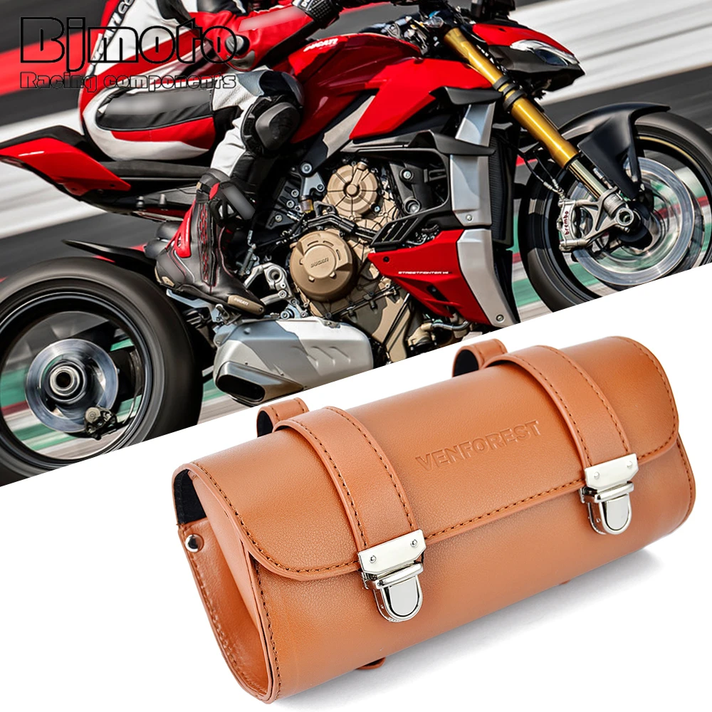 

Motorcycle front handlebar fork storage bag Leather Strap Luggage SaddleBag For Harley Touring Sportster XL 883 1200 Softail