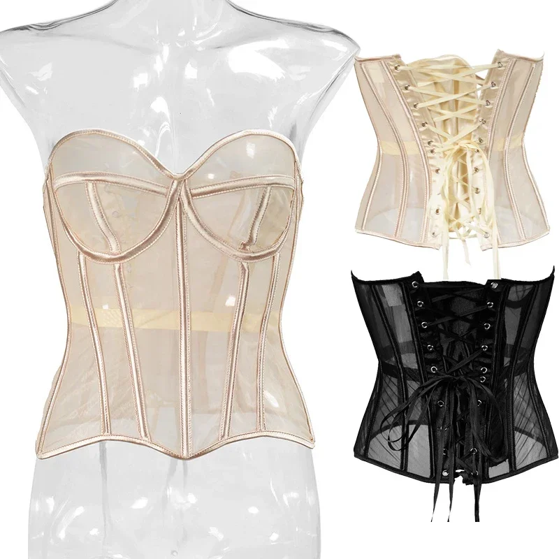 

Women's Abdominal Corset Fashion Overbust Bustier With Bra Strapless Bones Slimm Waist Mesh Transparent Body Shaper Bodices