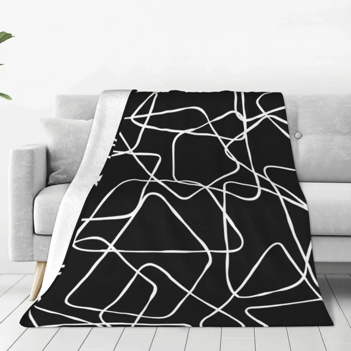 Mid Century Modern Style Black And White Line Doodle Blankets Flannel Sofa Throw Blankets For Couch Throws Bedspread Quilt