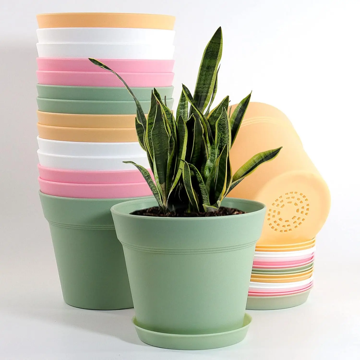 

16 Pack 6 inch Plastic Planters, Indoor Flower Pots, Heavy Duty and Stylish 6 Inch Plant Pots for Indoor Plants with Dra