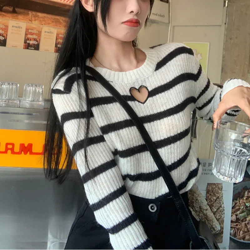 Korean Fashion Kawaii Knitted Sweaters Women Striped Chic Cute Sweet Elegant Sweaters Long Sleeve Casual Pullovers Autumn 2021