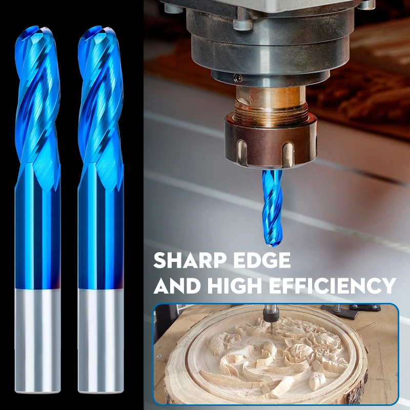 XCAN 1pc 3 Flute Ball Nose End Mill 1/4'' Shank Carbide Square Milling Cutter CNC Router Bit for Wood Cutting Tools Blue coated