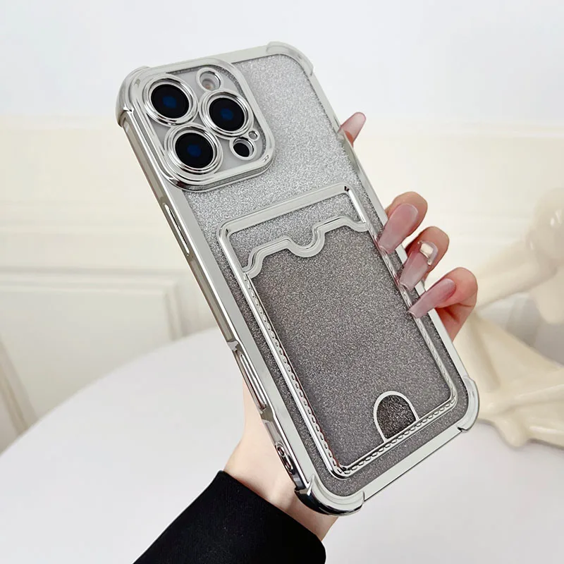 Glitter Gradient Color Plating Card Holder Phone Case for iPhone 18 17 Pro Max 16 15 14 Plus 13 12 11 Soft Shockproof Cover