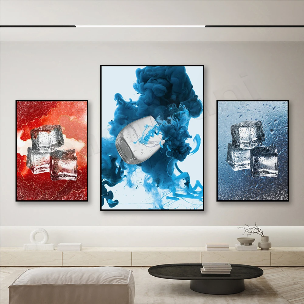 Ice cube art print, red drink, navy blue ice cubes, blue ink splatter poster, spilled glass art, bar decoration