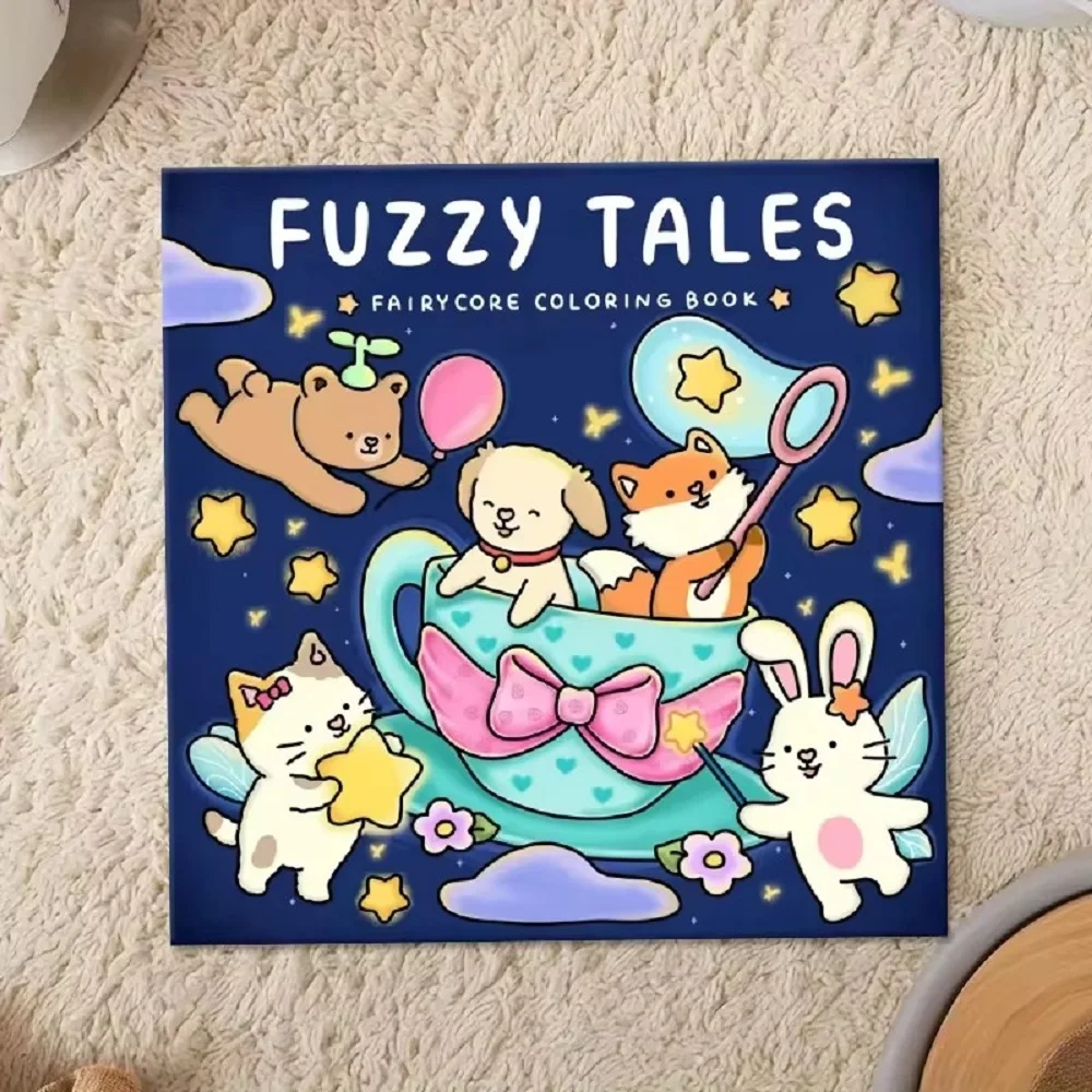 Книжка-раскраска Fuzzy Tales Fairycore для взрослых и подростков с очаровательными персонажами животных, раскраска «Нечеткие друзья»