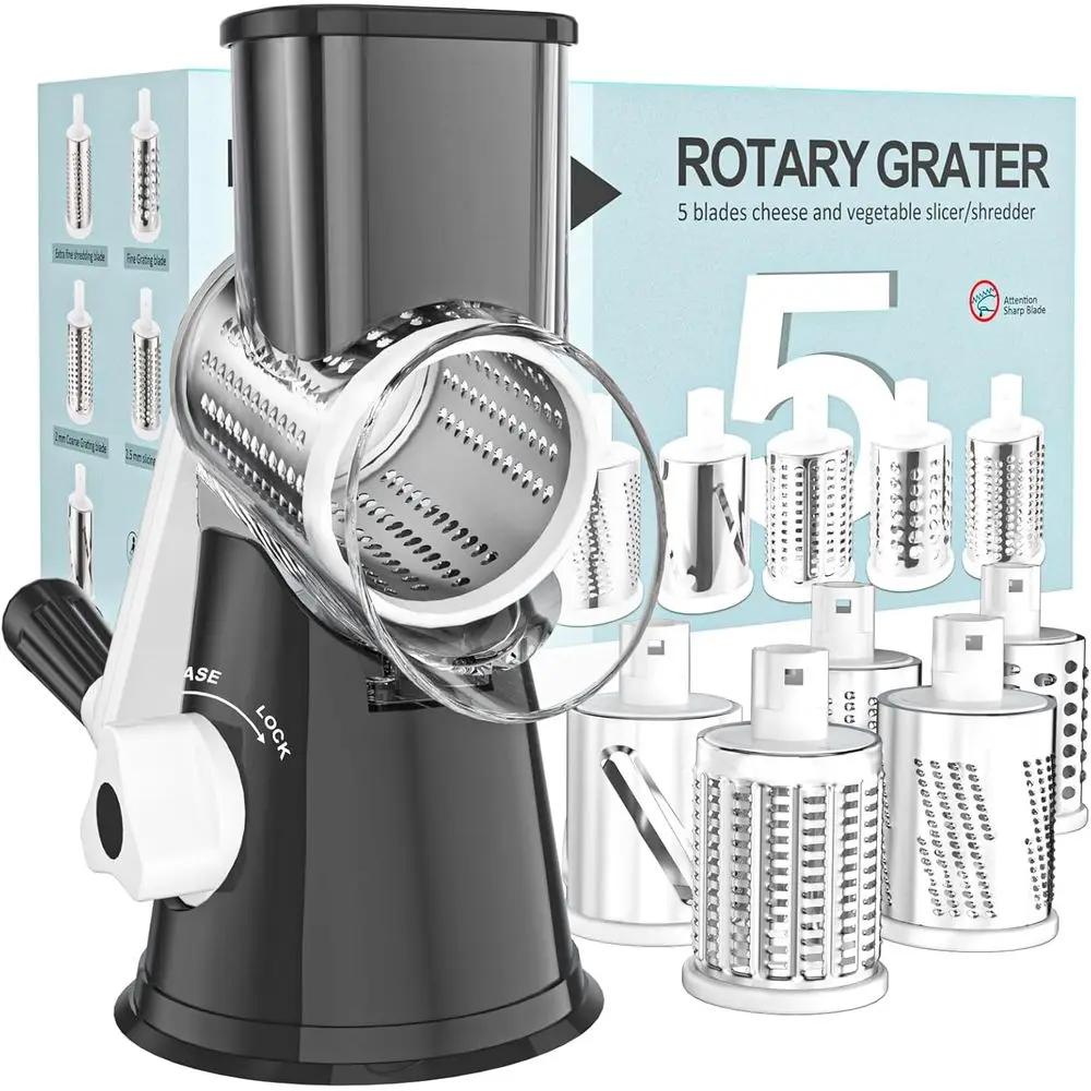 

Rotary Cheese Grater Hand Crank Cheese Shredder for Cheese, Vegetables, Nuts with Non-slip Suction Base, Black