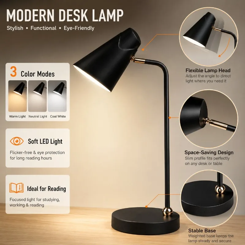 Simple Office Study Bedroom Study Art Desk Lamp LED Student Dormitory Specially Durable Adjustable Tri Color Reading Light