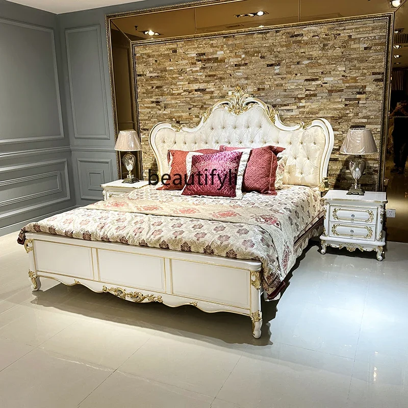 

ss25 French fabric bed set, double solid wood, European luxury princess bed, master bedroom wedding bed