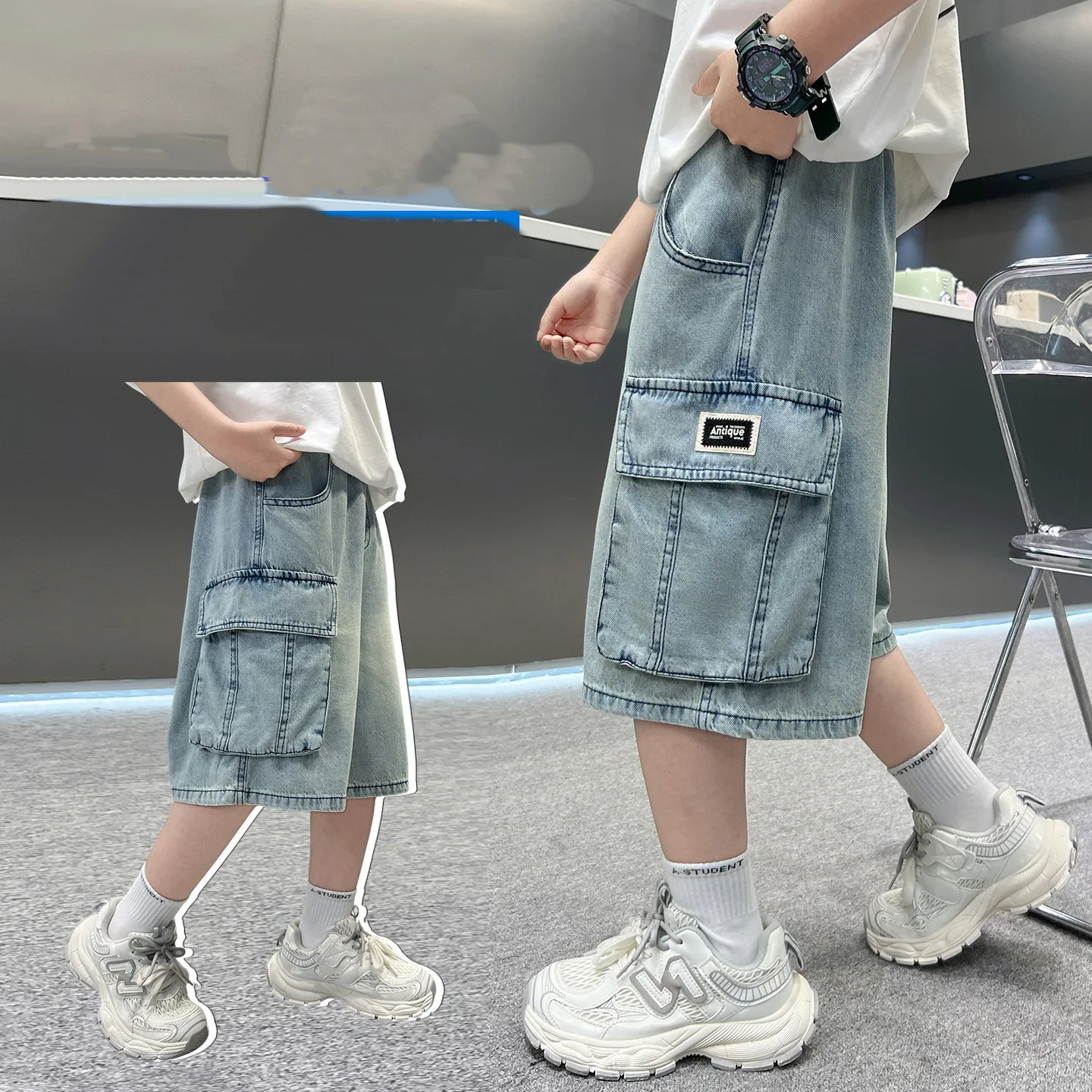 Kids Korean Style Denim Shorts with Pocket for Tweens Boy Casual Straight Cargo Capris Jeans Children's Calf Knee-Length Pants