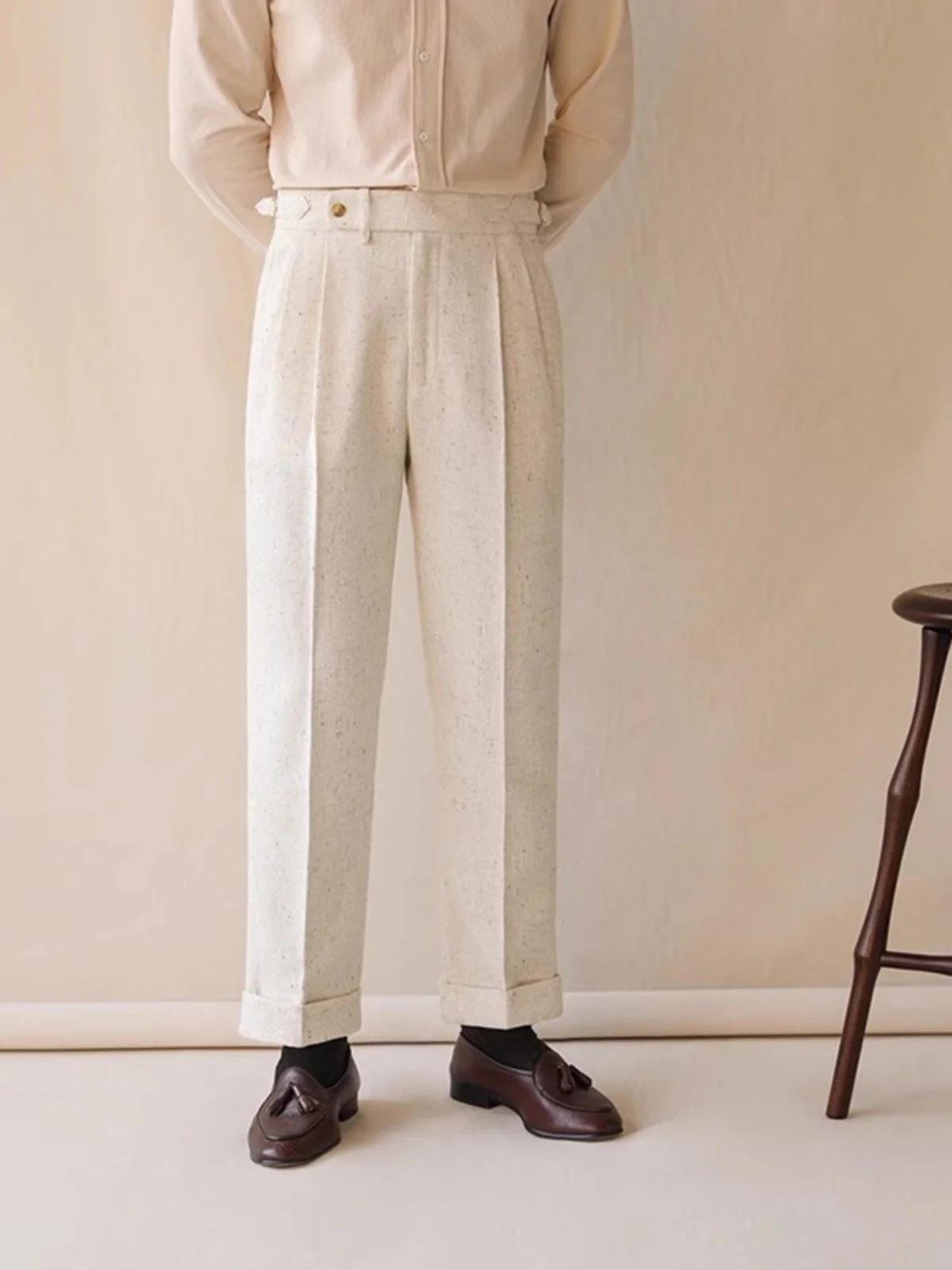 High Waist Paris Buckle Men's Autumn Winter Naples Business Casual Pants Straight Leg Drapey Suit Pants Long Youth Casual Bus...