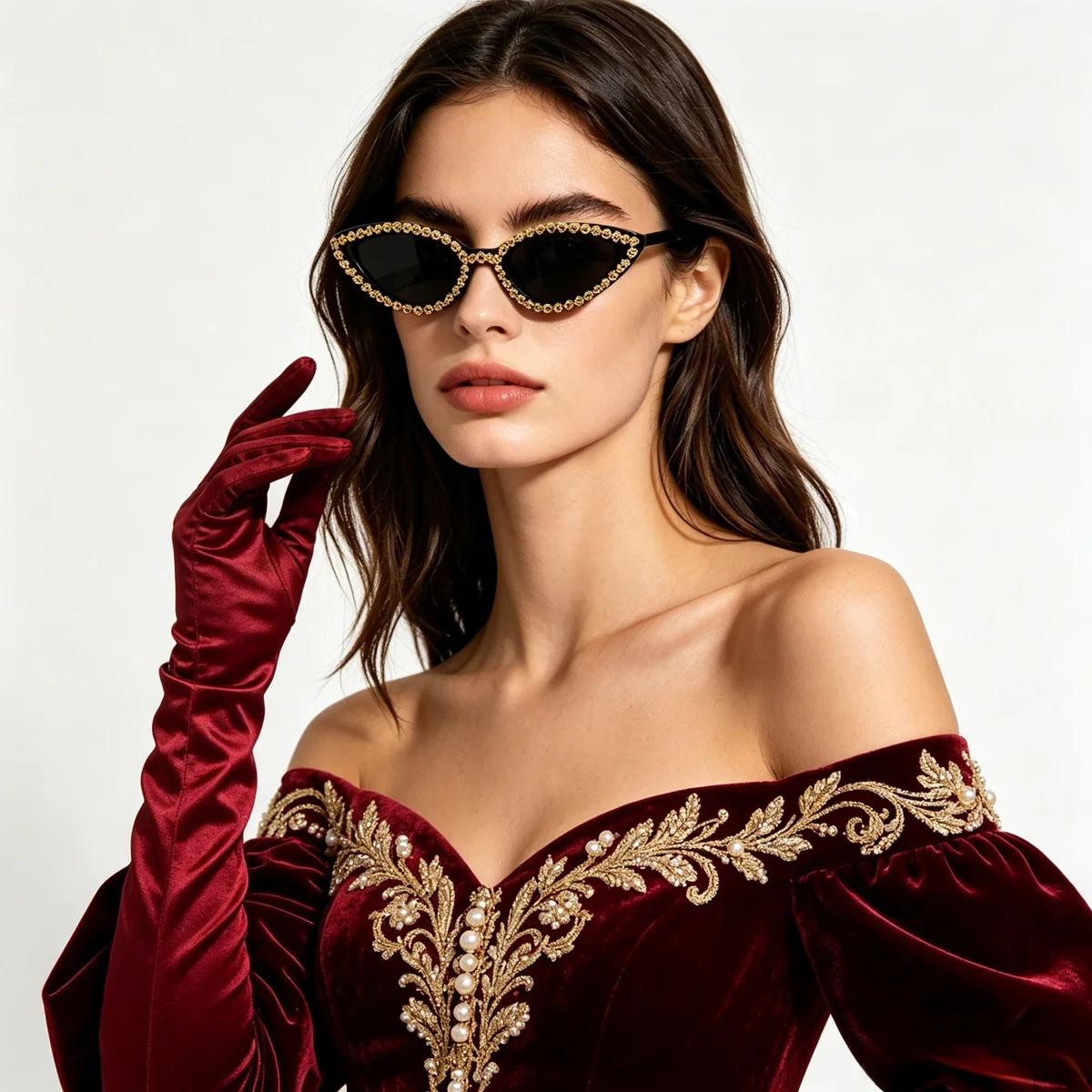 Vintage Kleine Cat-Eye-Sonnenbrille für Damen Goldene Geschnitzte Strass-Brille Retro Barock-Stil Party Festival Mode-Eyewear