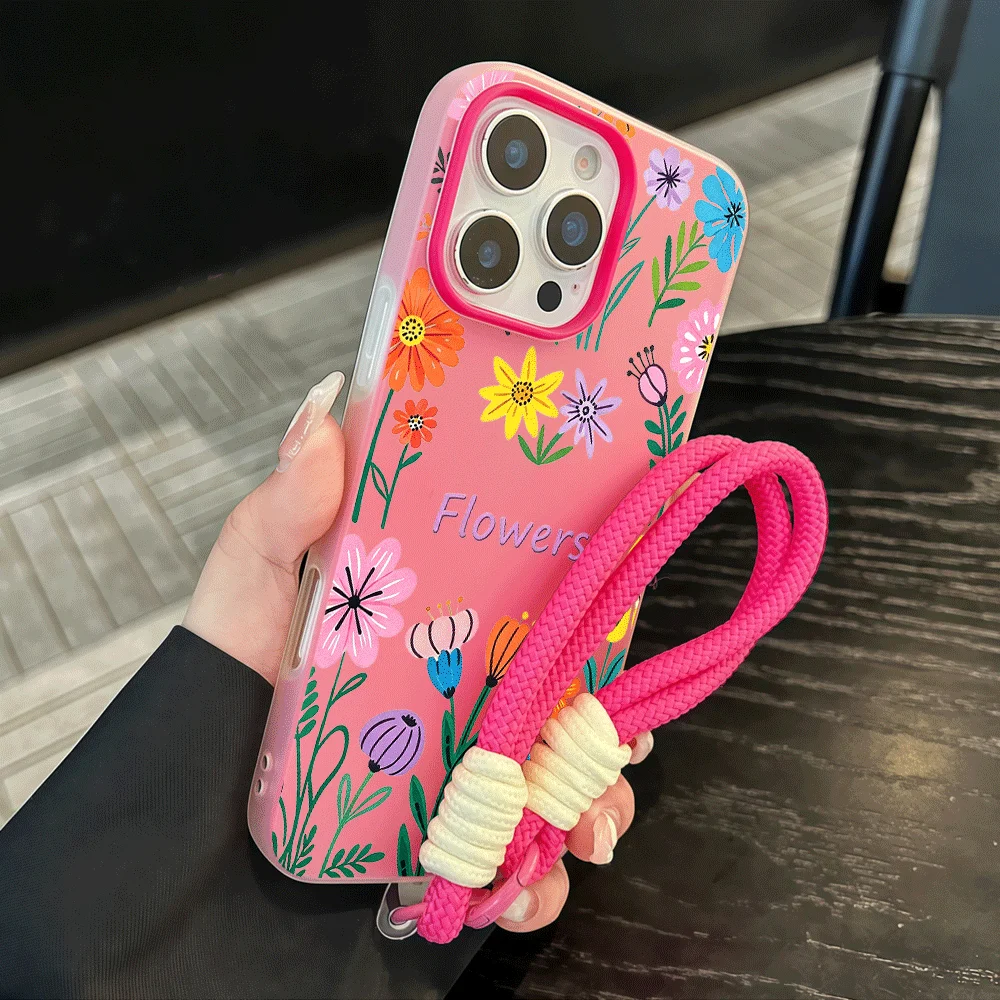 Matte Multicolor Flower Phone Case For Redmi Note 14 13 12 10 11 Pro Plus 5G 4G 14C 15C 13C Bumper Soft Jelly With Lanyard Cover - view 3