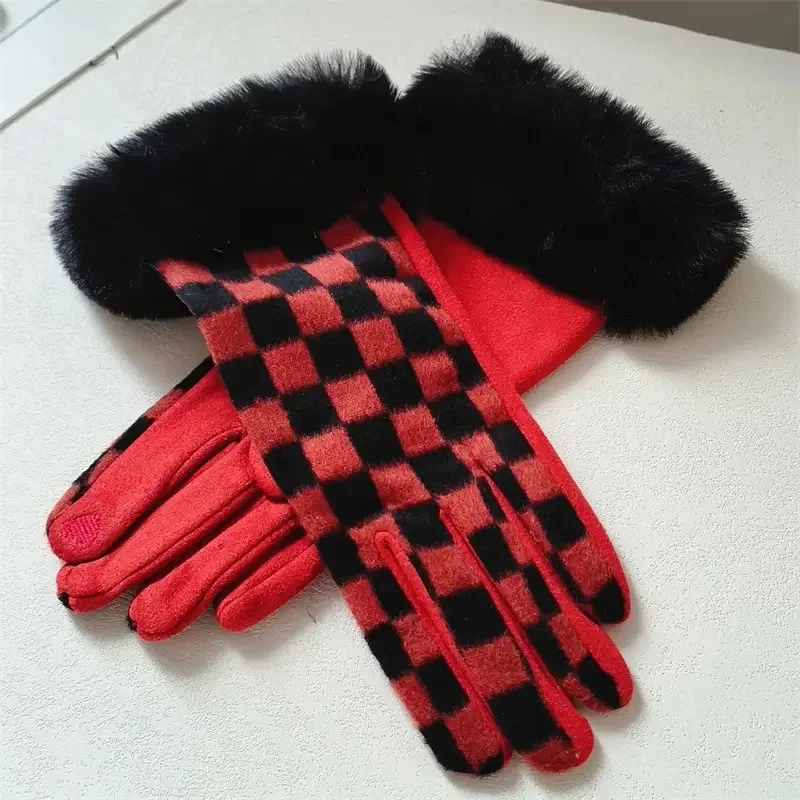قفازات شتوية بنمط رقعة الشطرنج لطيف بشاشة تعمل باللمس وفم فرو ومخمل سميك، قفازات ركوب دافئة