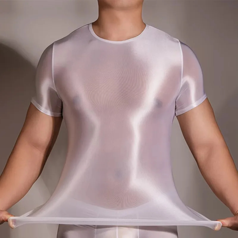 Men Oil Shiny  T-Shirt Glossy Smooth Tee Man Sexy Tight See Through Short Sleeve Tops O Neck Shirts Gay Male Gym Yoga Sport Wear