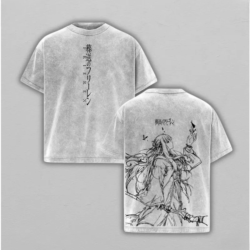 Anime Frieren Beyond Journey's End Printed Tee Men Women Cotton Tshirts Vintage Washed T-shirt Harajuku Male Oversized T Shirt