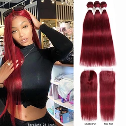 Straight Hair Bundles With Closure 99J/Burgundy Red Colored Hair Weave Bundles With Closure Brazilian Remy 100% Human Hair 3PCS