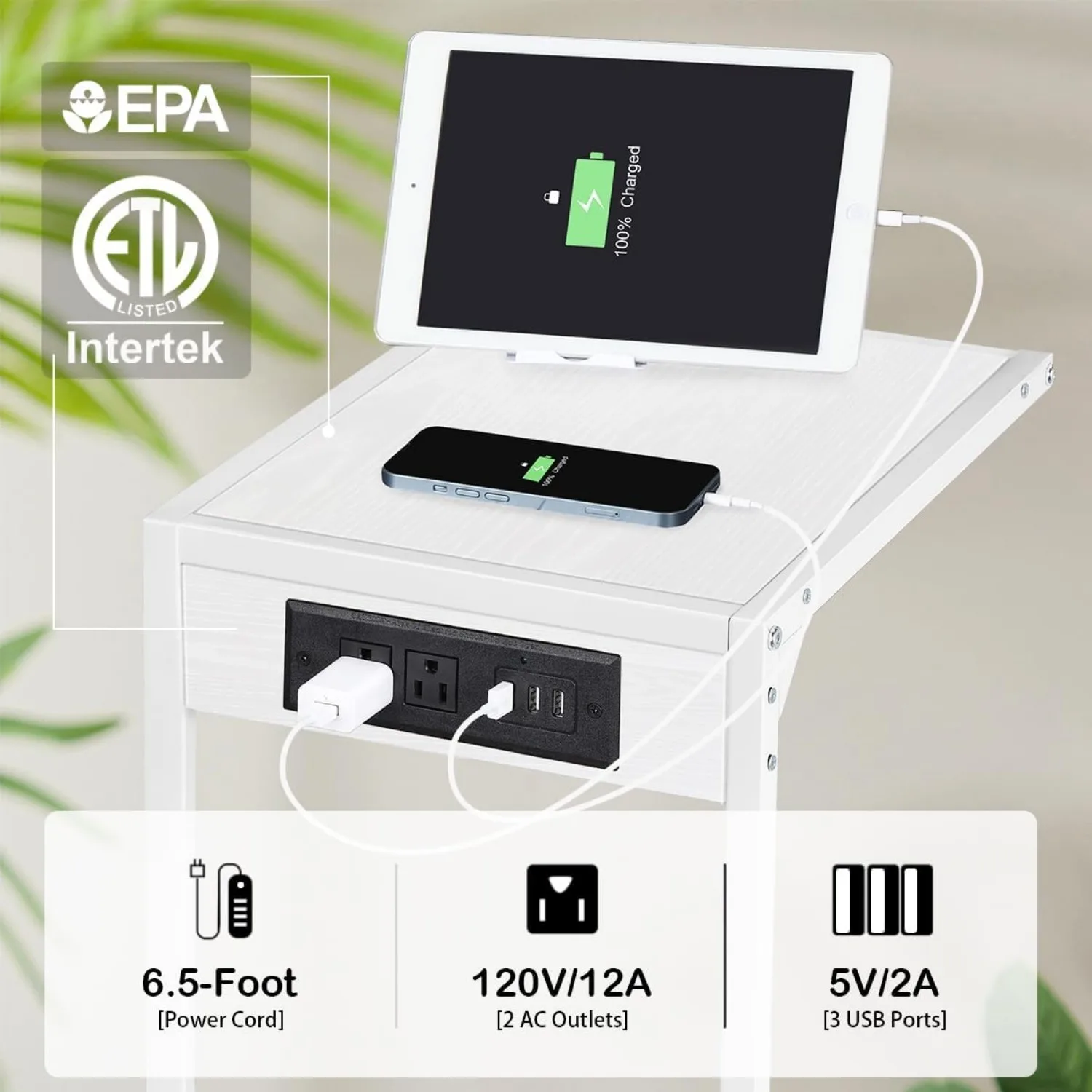 Tavolini di ricarica in 2 pezzi a forma di C con prese USB/alimentazione, mobili per divano scorrevole per soggiorno/camera da letto - Nero