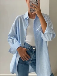 Wolfeel Chic Striped Women Shirt Loose 100% Cotton Shirts Tops Ladies Casual Lapel Oversized Lace Up Blouse Women Tops Blouse