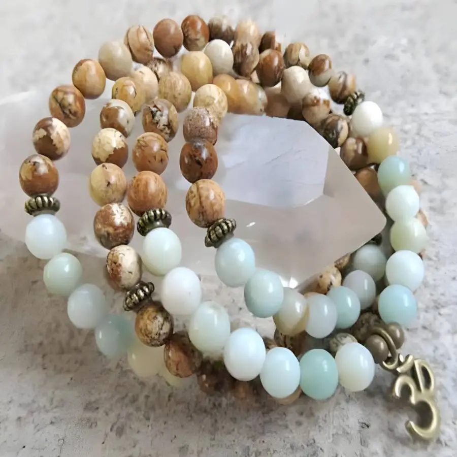 

6mm Amazoniteium Gemstone Picture stone Mala Bracelet 108 Beads elastic tassel Chakra Zen Tibetan Meditation Jewelry Japa Prayer