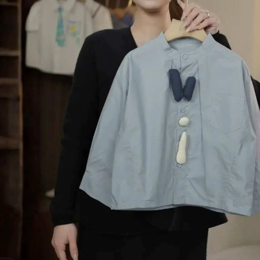 Kids Spring Shirt 2026 Spring Versatile Design Fashion Style Sense Misty Blue Long Sleeve Solid Shirt Fresh