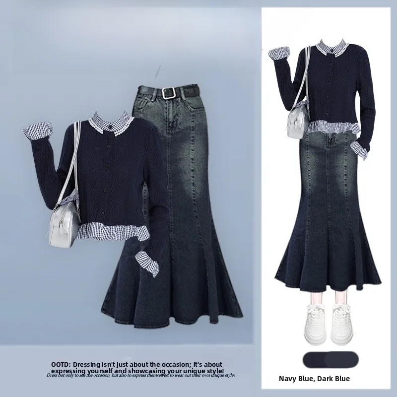 

Korean College Sle High Waist f Skirt Knitted Splice Faionable Blouse And Skirt Two-Piece Set Women's Autumn Wear