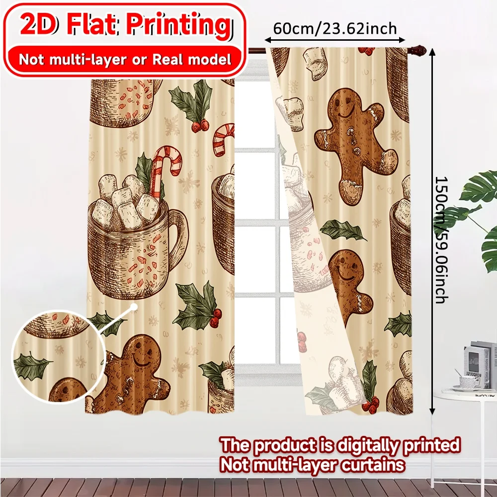 2D Flat Printing,2pcs Gingerbread Joy Chic Curtain Cloth Yarn Curtains Holiday Use for Bedroom, Living Room, Office-Teens and