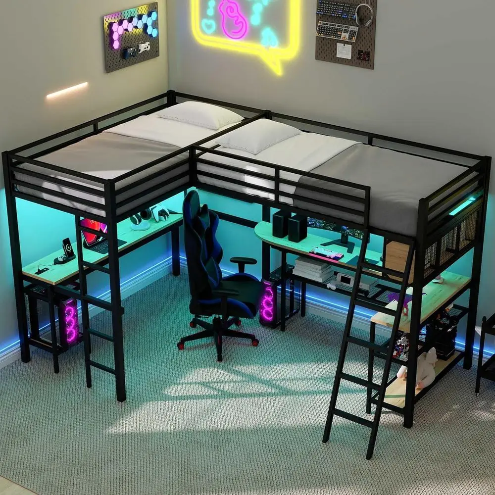 

Twin Over Twin Metal Bunk Bed with Desk, LED Lights, and Storage for Kids or Teens