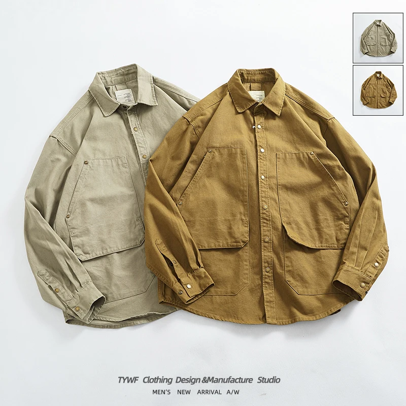 

Retro Workwear Jaet for Men Full Cotton Canvas Twill Worn-In ket Flip Collar Denim Waed out Jaet Faion Urban Sle