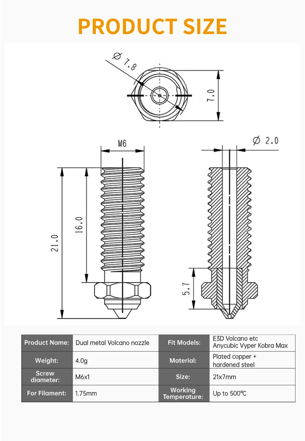 Doppel metall vulkan beschichtete kupfer düse solide gehärtete stahls pitze für anycubic vyper/kobra max/plus E3-D high flow 3d drucker – Detail 2