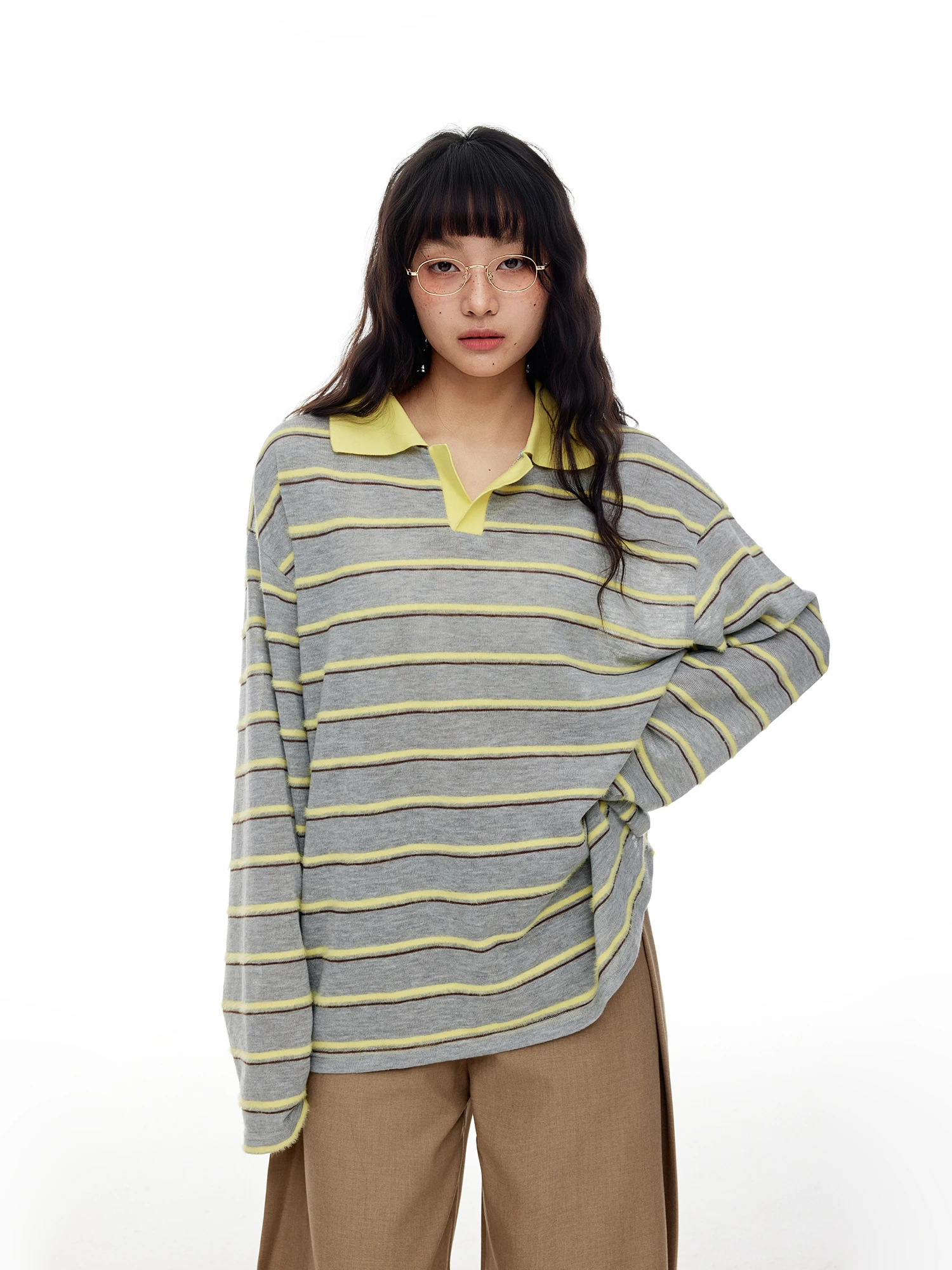 

Retro American Striped Long Sve irt Women's Loose Sle Spring Lazy Faion Top Polyester Blend Comfortable T-irt