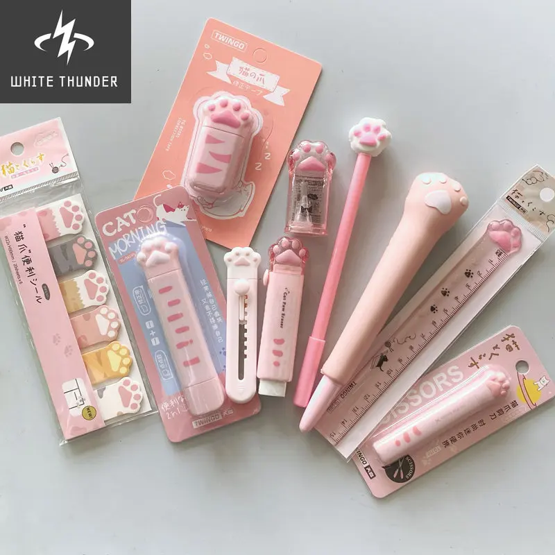 10 Pcs/set Kids Girl Pink Cat Paw Stationery Set Gel Pen Correction Tape Memo pads Eraser Knife Set