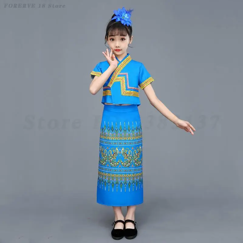 Etniczne dziecięce ubrania do tańca Tujia Zhuang Yi Dai kostiumy tybetańskie chłopiec dziewczyna tradycyjny mundur Dai letni strój Dai Cosplay