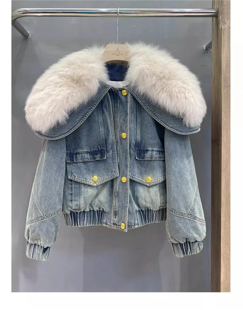 

Fox fur patchwork denim jacket for women 2023 new Winter thick warm Street stylish fur coat parkas Female Outerwear Y4751