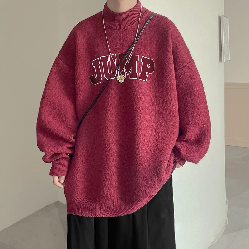 

Red Men's Knitted Sweater Spring Autumn Loose f High Collar Base irt Inner Wear Casual Loose Fit Premium Feeling