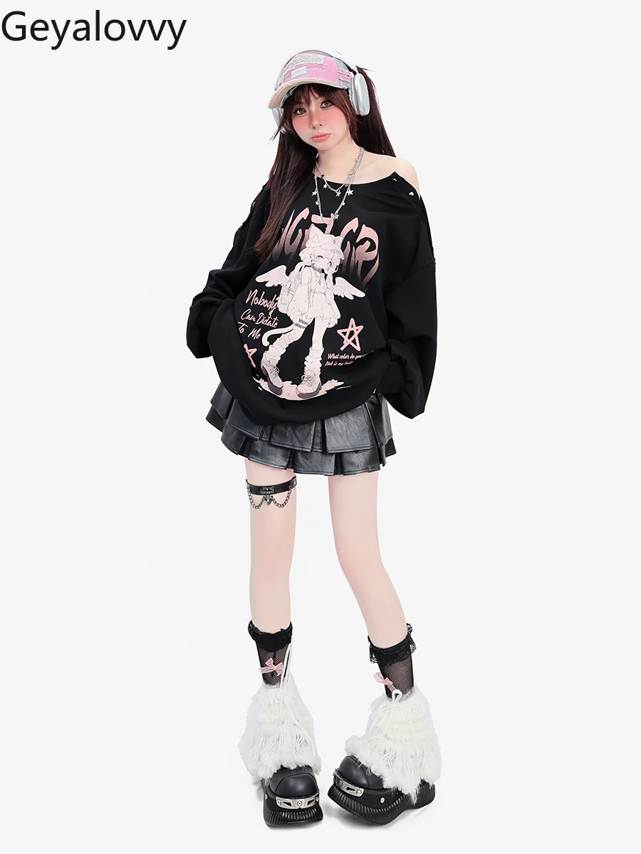 Spring and Autumn New Loose Cool Y2K Mid-length Sweatshirt Sweet Girls Versatile Hoodies Off-Shoulder Street Punk Pullover