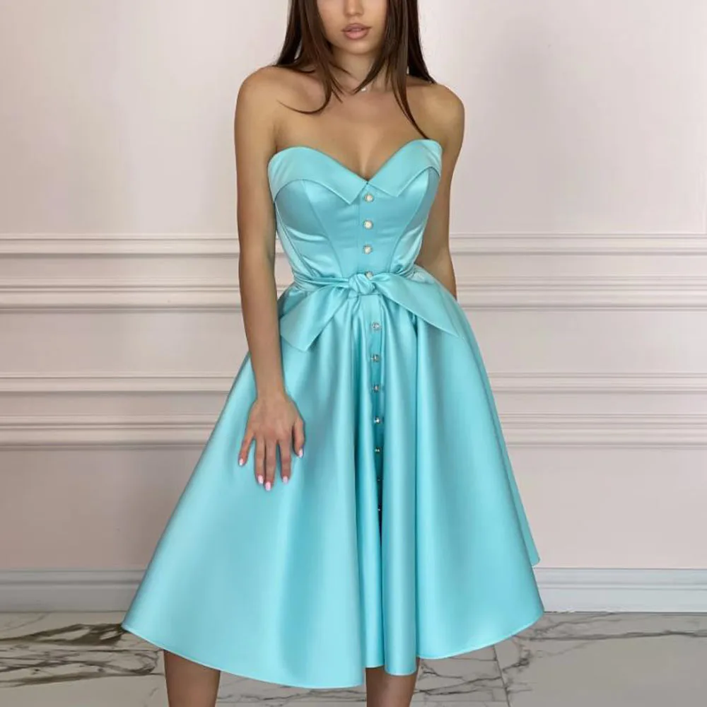 カスタムフロントボタンティーレングスプロムドレス、スイートハートプリーツショートイブニングパーティーガウン、サテンAラインミディ丈ホコドレス