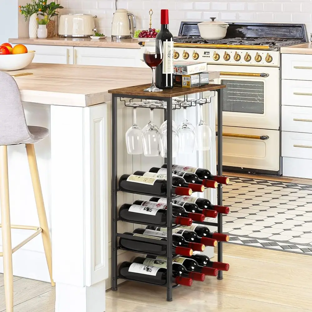 

16-Bottle Rustic Floor Wine Rack - Freestanding Storage Shelf for Kitchen, Dining, Office, Bar in Brown