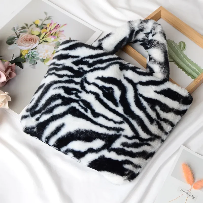 Bolso de Mano con Estampado de Leopardo, Imitación de Pelo de Conejo Rex, Gran Capacidad, Estilo Europeo Americano, Bolso de Hombro de Moda para Mujer