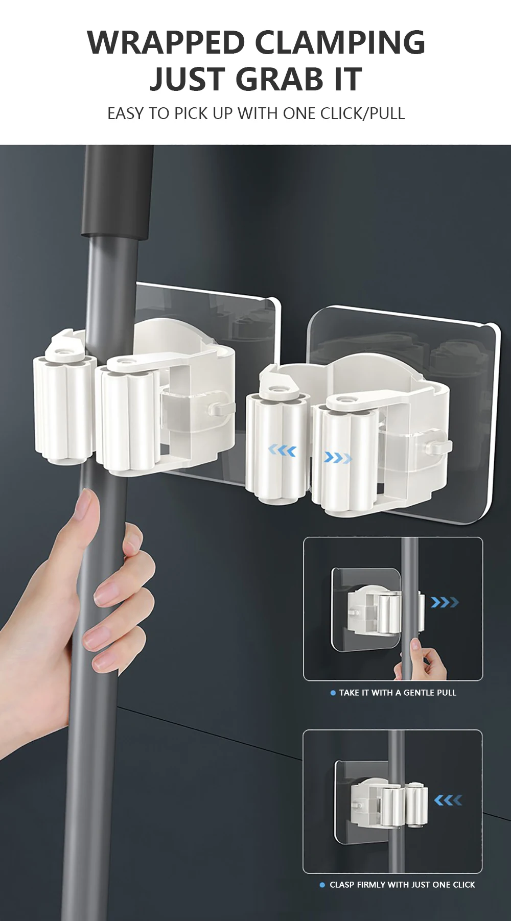 Supporto da parete per scopa e mocio bianco, con 4 slot e 4 ganci, in legno, per dispensa, armadio, lavanderia, organizer per attrezzi da giardino