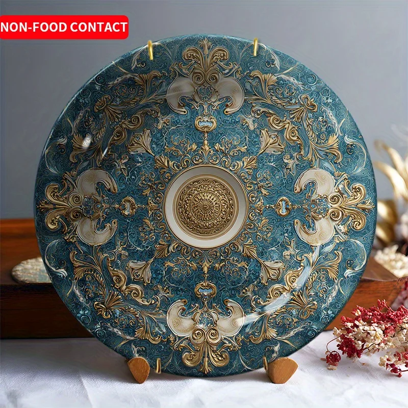 1pc Elegant Ceramic Decorative Plate - Blue & Golden Round Tableware for home Decor, Wedding, Christmas Gift - Luxury Non-Food