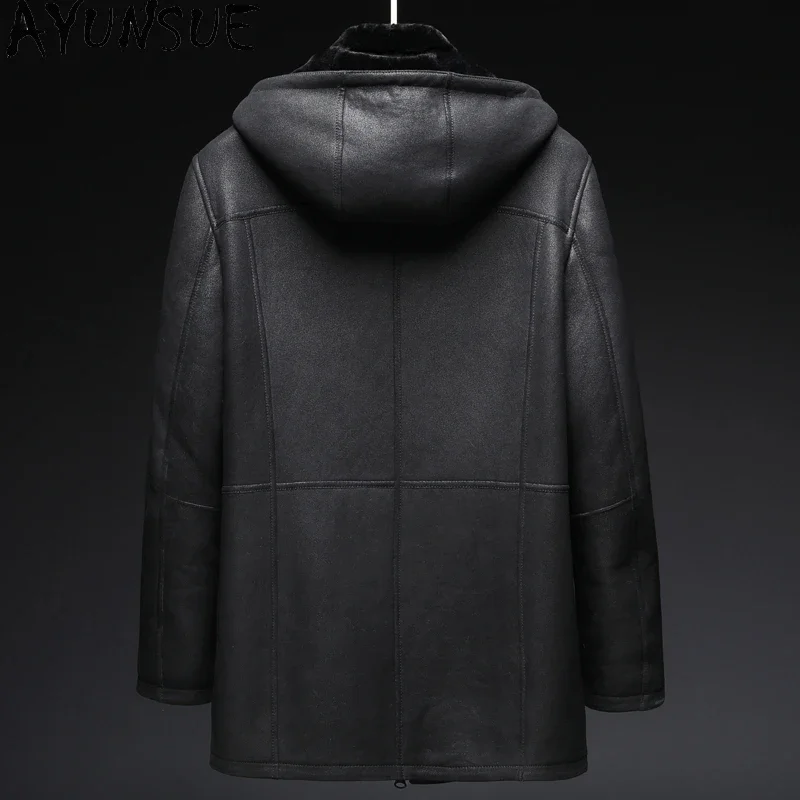 Mens Natural Fur Jacket Business Casual Genuine Leather Jacket Men Hooded Warm Real Sheepskin Fur Coat Winter Clothes