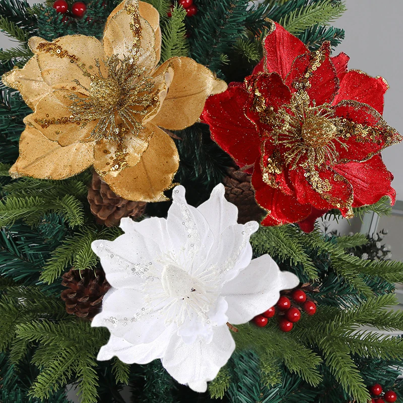 2pcs Glitter Artifical Christmas Flowers Merry Christmas Tree Decoration Fake Flowers For Home Christmas Decoration