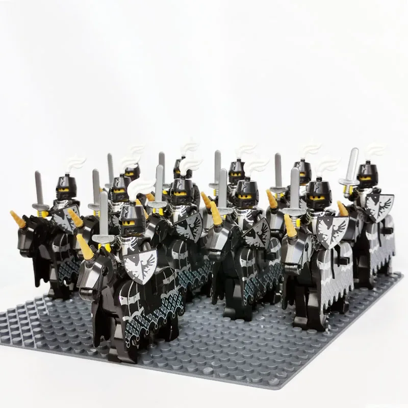Medieval Age Vintage Falcon Frightening Knight Red Lion Castle Dragon King Solider Figures with Horse Building Block Kid Toys