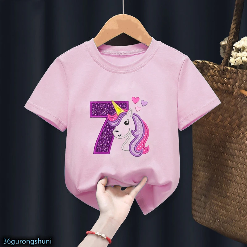 T-shirt für mädchen Nette Einhorn Geburtstag Digital Print T-shirt Für Kinder Geburtstag Kleidung Rosa Kurzarm Shirt Tops Großhandel