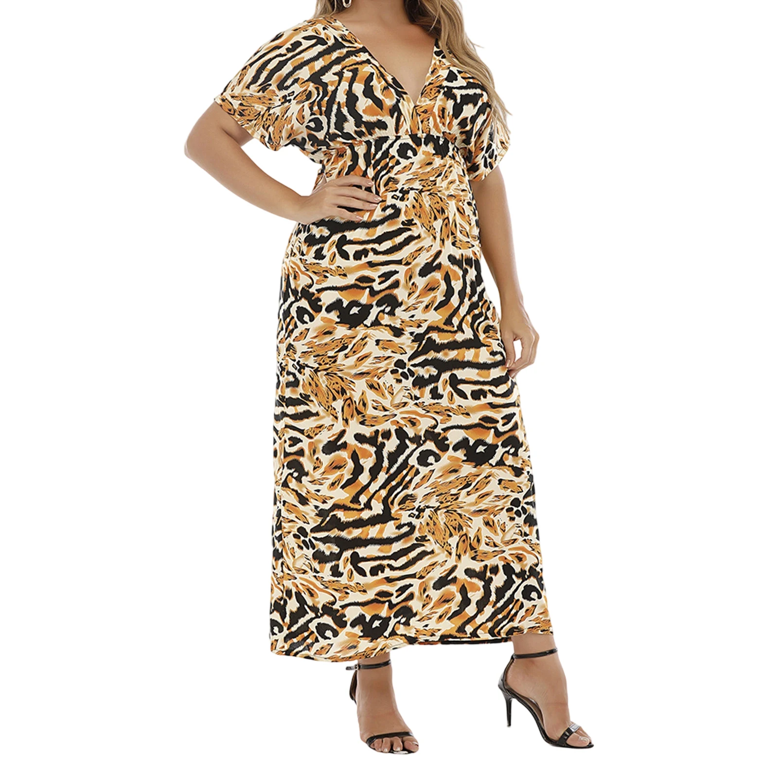

Women's Plus Size Sexy V-Neck Printed Casual Dresses Contrast Color Short Sleeve A-Line Long Beach Loose Dress for Spring Summer