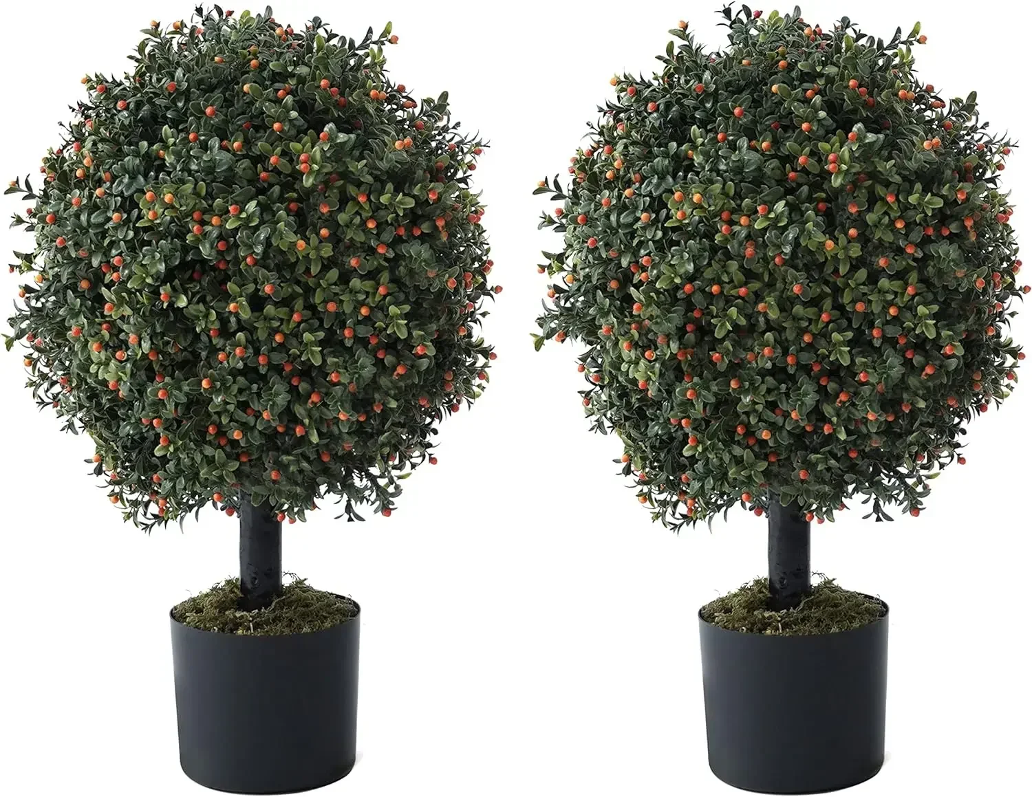 Artificial Boxwood Topiary Ball Tree Set of 2, Artificial UV Resistant Bushes, Faux Potted Tree, Plant in Pot w/Dried Moss