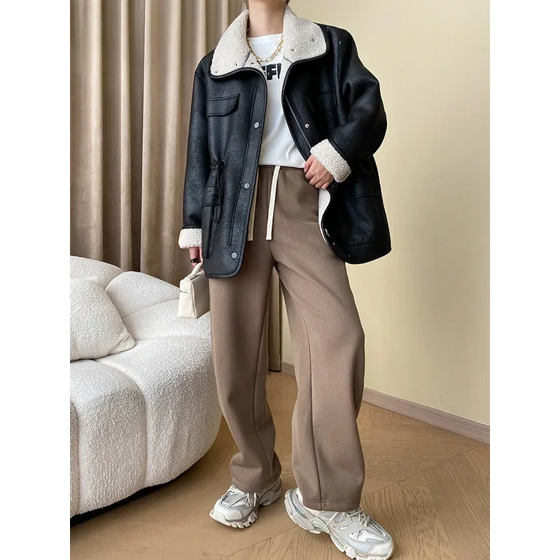 American casual style scimitar cut elastic waist drawstring wide leg velvet thickened sweatpants women pants