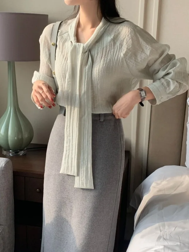 Chic All'inizio della primavera da donna irt Gentle Sweet Sa Versatile Ele Coreano Sle Long Sve Girls' irt Faionable Camicetta