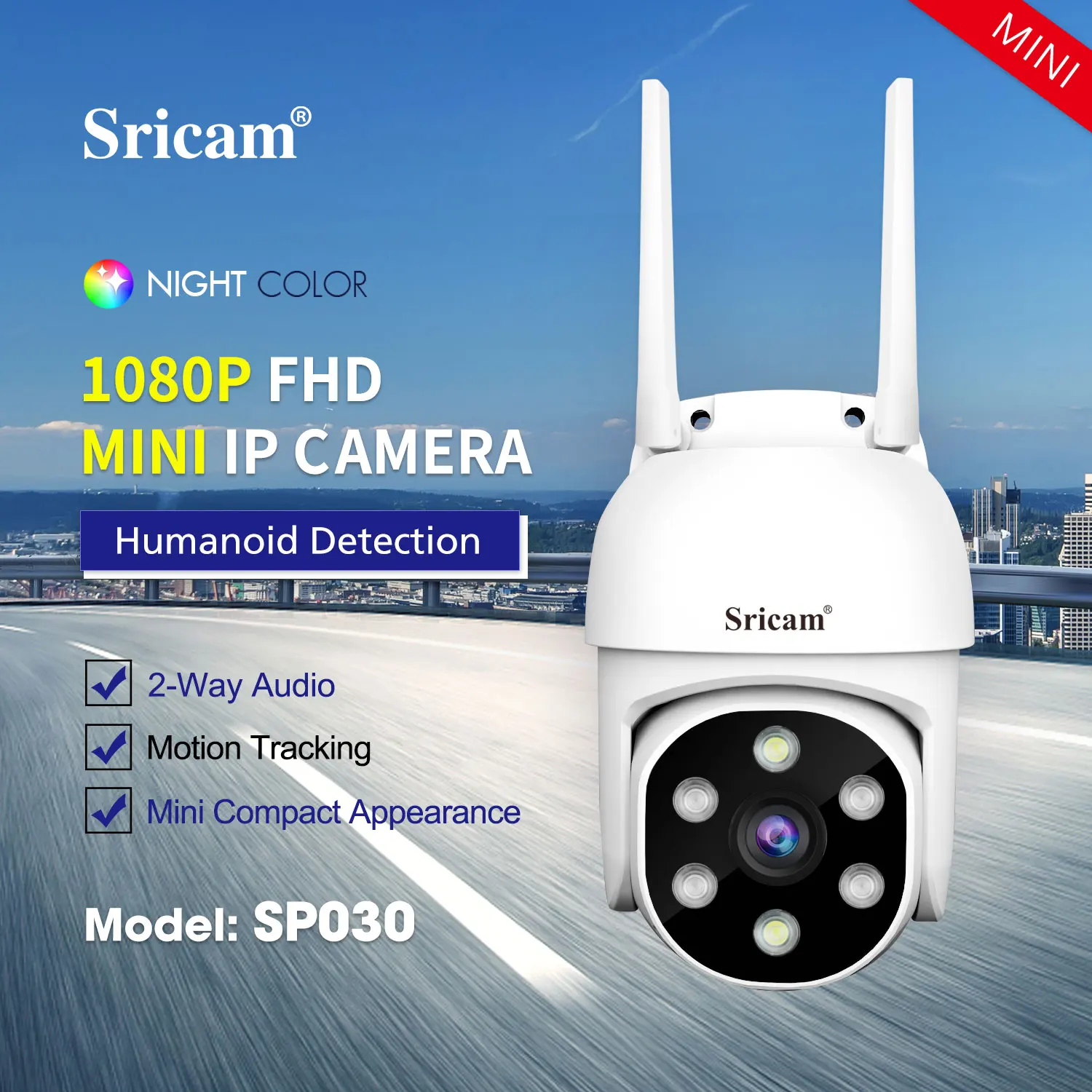 

Sricam SP030 2MP 1080P 3X Zoom Full Color Night Vision Wireless PTZ IP Dome Camera AI Humanoid Detection Home Security Monitor