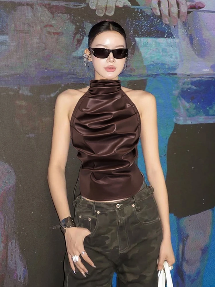 Dziewczęce topy na ramiączkach z imitacji skóry PU w stylu Y2K z dziwnymi marszczeniami, bez rękawów, z bandażami, odkrytymi plecami, wiązane na szyi, w stylu hip-hop, seksowne, nocne topy.